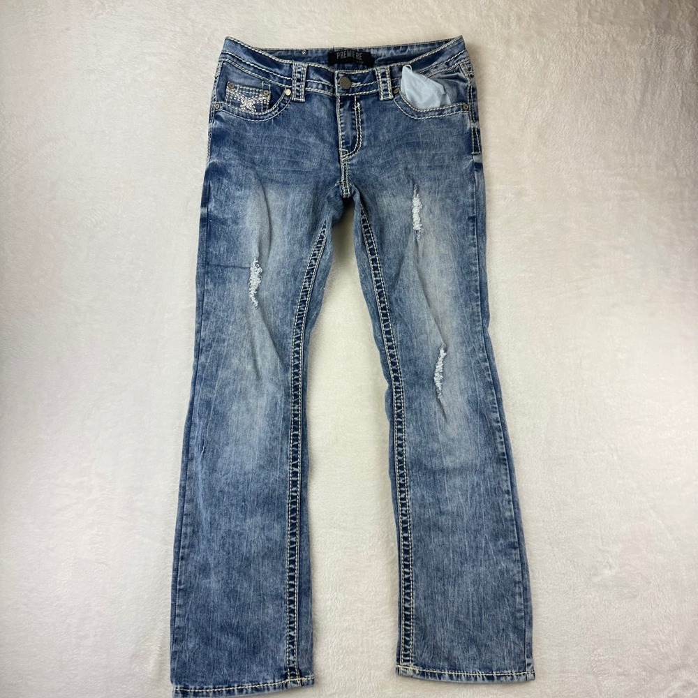 Rue21 Premiere Jeans Womens 9/10 Slim Boot Curvy 30 Blue Distressed Denim Cotton